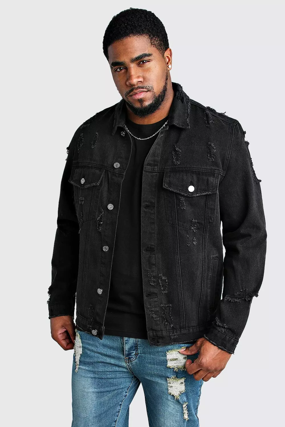 Plus Size Distressed Denim Jacket boohooMAN